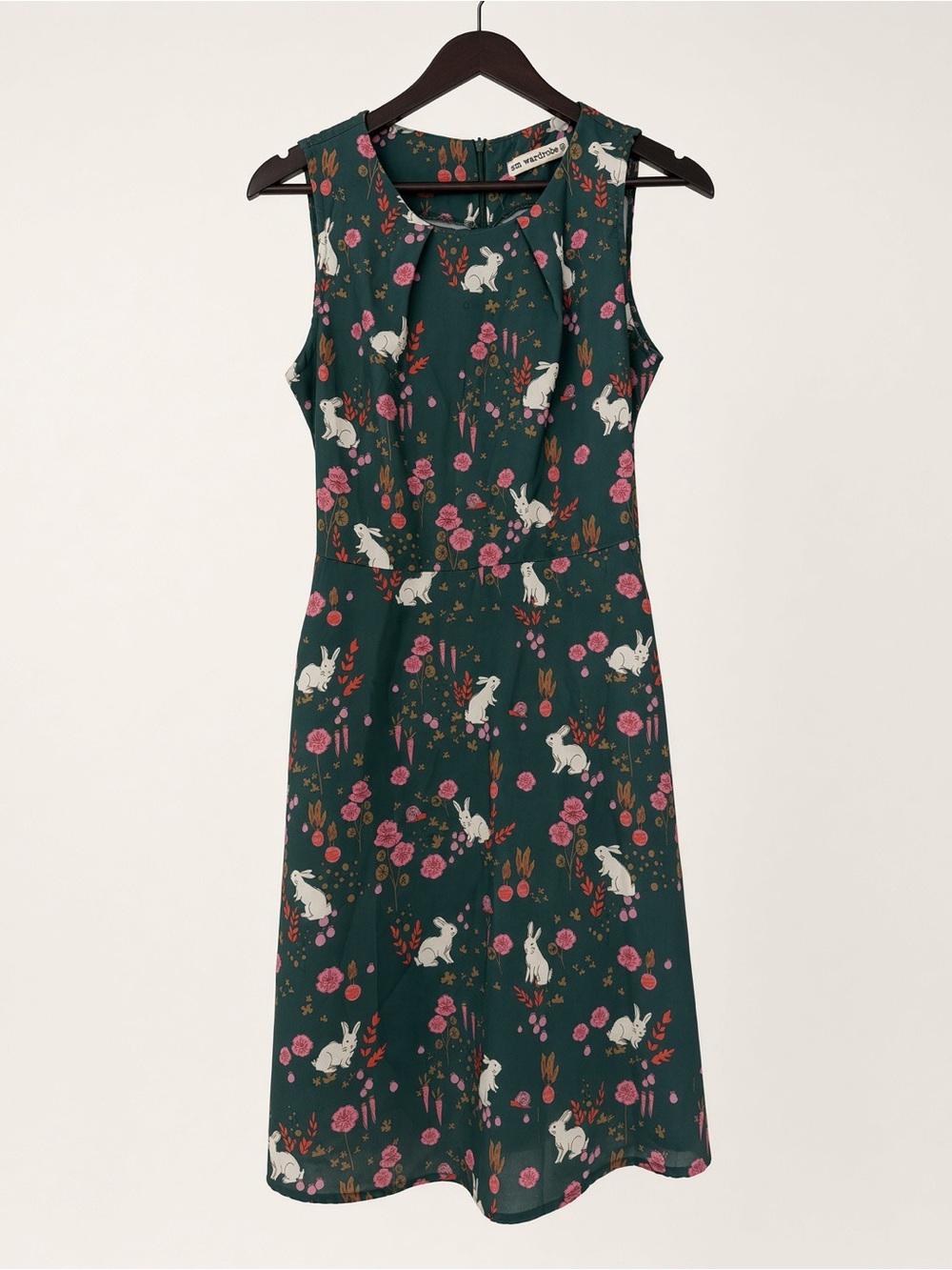Sm Wardrobe Sleeveless Forest Green Floral & Bunny A-Line Dress sz med